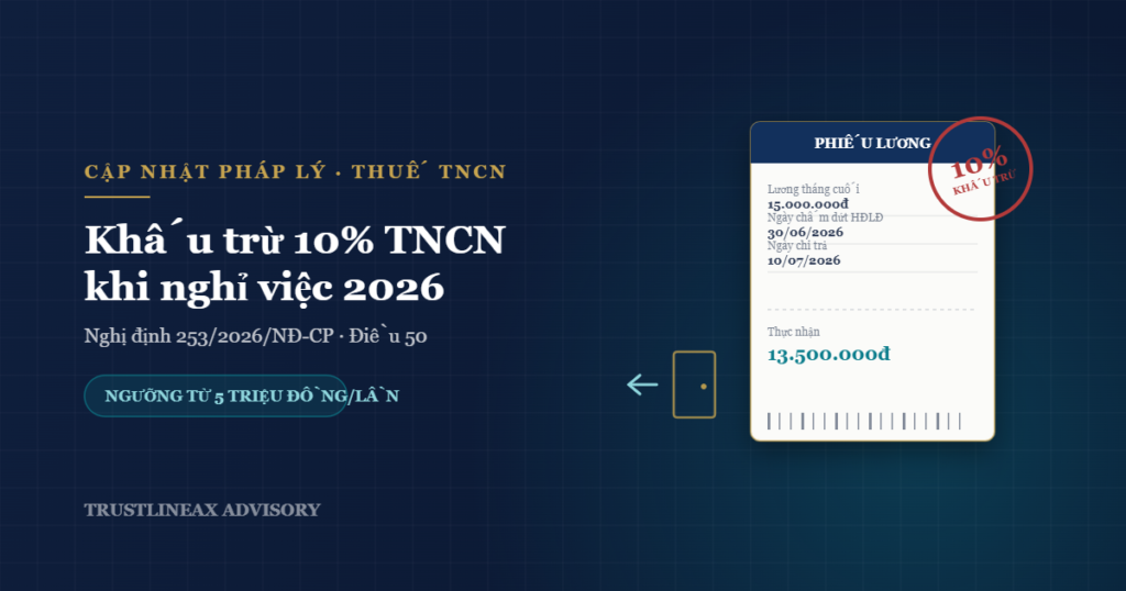 Khấu trừ 10% thuế TNCN khi nghỉ việc, chấm dứt HĐLĐ 2026: Tỷ lệ, nguồn thu nhập và cách tính chi tiết