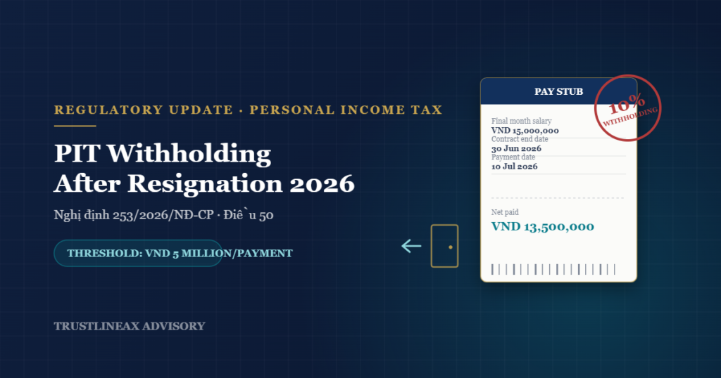 PIT Withholding at 10% After Resignation or Labor Contract Termination in Vietnam 2026: Rate, Applicable Income and Worked Examples